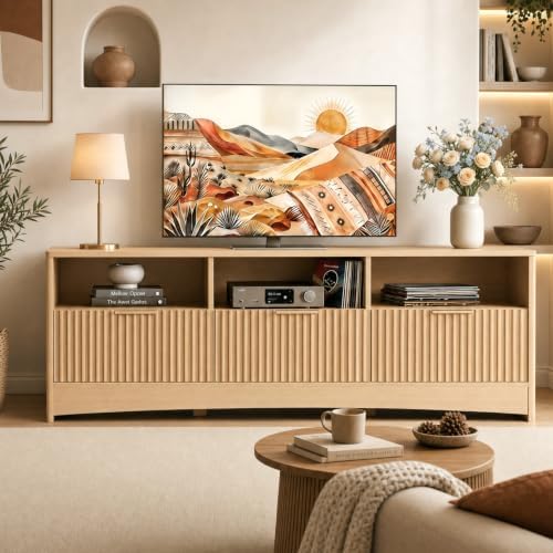 Marsail Fluted TV Stand for 65 inch TV, Modern Entertainment Center with Drawers, Boho TV Stands Wood Media Console Cabinet with Storage and Shelves, TV Consoles for Living Room, Bedroom, Oak - Image 4