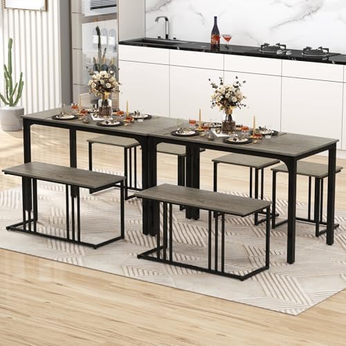 Giantex 4-Piece Dining Table Set for 4, Modern Kitchen Table and Chairs, Nesting Furniture Set with Bench & 2 Stools, Space-Saving Desk Set, Dinette Set for Small Place, Dining Room Restaurant (Grey) - Image 4