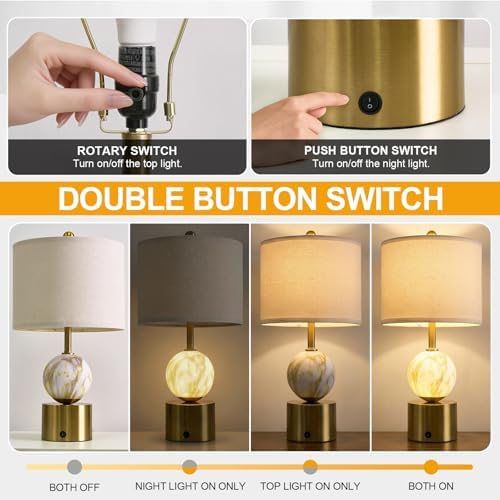 Oneach 20.5" Small Bedside Table Lamps for Bedroom Nightstands, Gold Glass Modern Table Lamps Set of 2 with USB A+C Charging Port, Night Light, Luxury Lamps for Living Room End Table(Bulbs Included) - Image 4