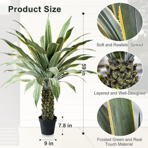 Artificial Agave Plant Potted Plants for Indoor Outdoor Fake Agave Tree in Pot Realistic Faux Tree with 42 Leaves for Home Living Room Office Garden Front Porch Patio Decor (61inch-1 Pc Potted Yellow) - Image 2