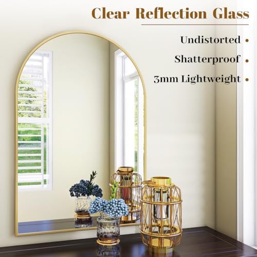 VooBang Arched Wall Mirror, 26 x 41 inch Arch Bathroom Mirror, Wall Mounted Vanity Mirror with Arch Metal Frame, Modern Bathroom Vanity Mirror for Bedroom, Living Room, Hanging or Leaning, Gold - Image 4