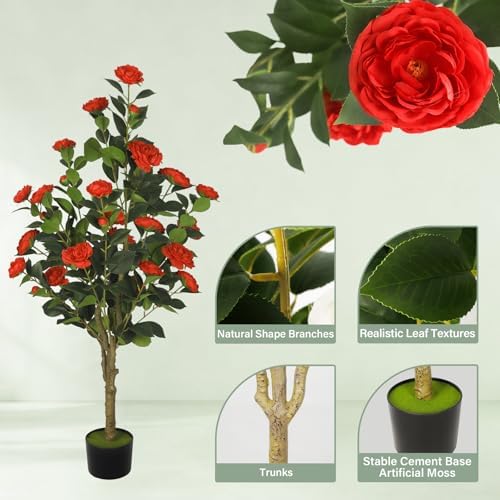 2-Pack 4FT Artificial Camellia Tree,Realistic Fake Potted Plants with Flowers&Planters,Indoor/Outdoor Faux Flowering Trees for Home,Office,Porch,Wedding,and Housewarming Gift Decor,Red - Image 3