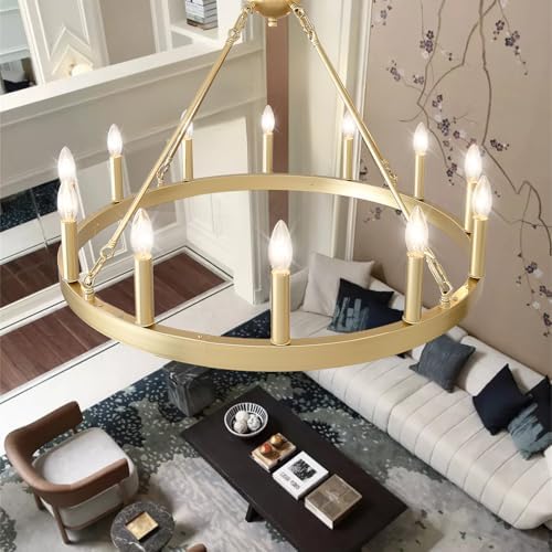 Gold Wagon Wheel Chandelier 32" 12-Light Round Modern Chandelier - Image 6