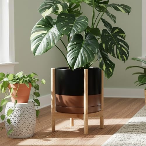 D'vine Dev Ceramic Pot with Natural Wood Stand, Black/Tan, 14 in, 55-B-R-7 - Image 2