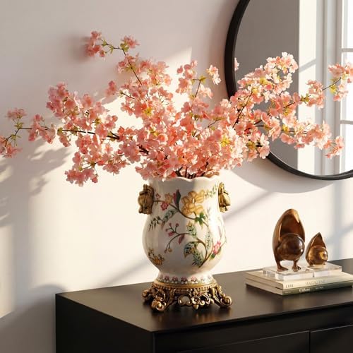 8.3" Ceramic Vintage Flower Vase with Gold Pedestal, Rustic Chinoiserie Floral Fruits Porcelain Urn for Home Decor, Antique French Country Farmhouse Centerpiece for Kitchen Table Entryway Mantel - Image 3