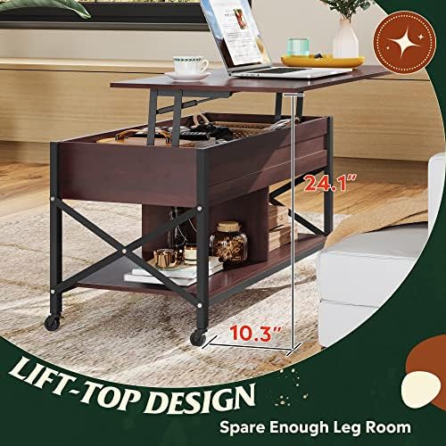 WLIVE Coffee Table Espresso, 41.3" Lift Top Coffee Table with 4 Wheels - Image 4