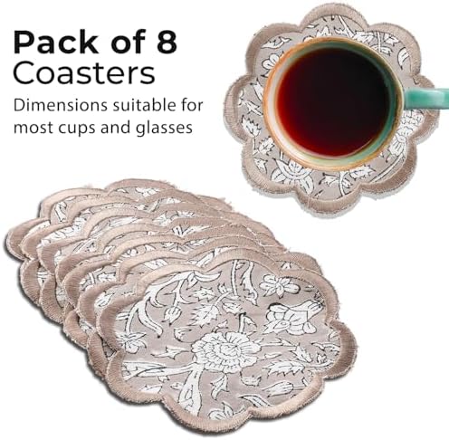 Ridhi 8-Pcs 100% Cotton Hand Block Print Drink Coasters 5" in Taupe - Image 2