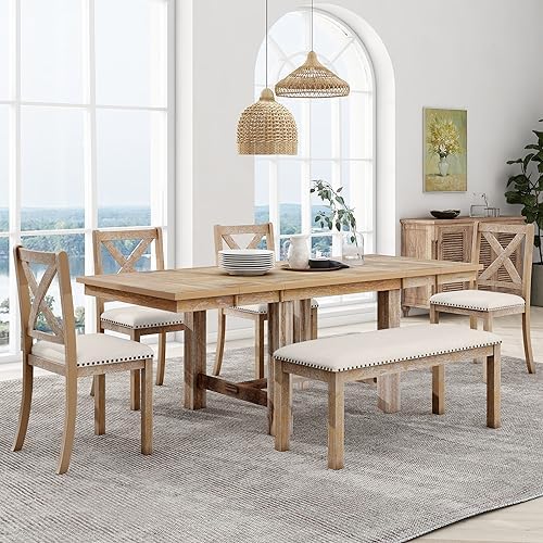 Farmhouse 6-Piece Extendable Dining Room Table Sets, Acacia Wood 82'' Dining Table with 2 Removable Leaf and Upholstered Dining Chairs& Bench, Soft Cushion with Rivet (Natural+Be) by Unknown
