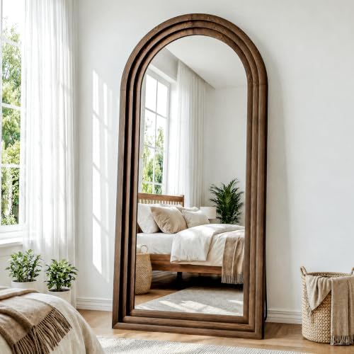 35"x78" Full Length Mirror Solid Wood Frame, Arched Floor Mirror Full Length with Stand, Room Decor Big Full Body Mirror with HD Tempered Glass for Bedroom, Living Room, Walnut Wood by WISSMIELSHOME