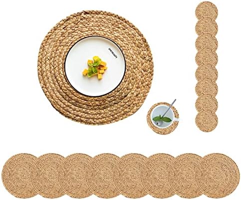 Round Placemats Set of 8 with 8 Coasters Natural Water Hyacinth Woven Placemats Farmhouse Braided Place Mats Boho Straw Placemat Wipeable Wicker Outdoor Place Mats for Patio Table 13.4'' by CYSISTERS