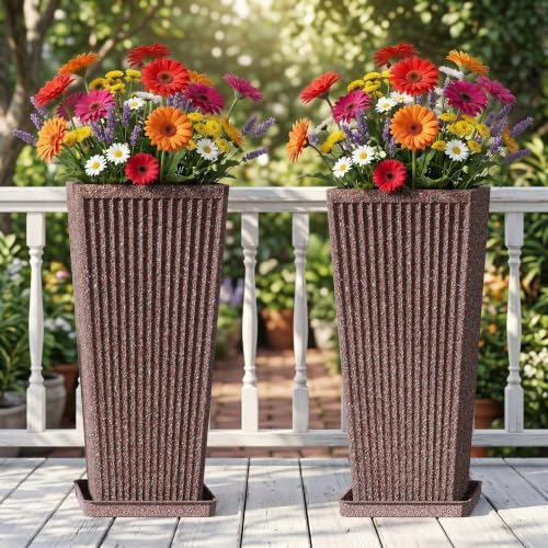 Square Tall Planters for Outdoor Plants with Tray - 24" Brown 2Pack - Image 7