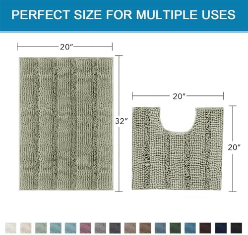 H.VERSAILTEX Bathroom Rug Sets 2 Piece Bath Mats Non Slip Thick Soft Chenille Striped Bath Rug achine Washable Shower Floor Rugs for Tub, Shower and Floor (Eucalyptus Green, 20"x32" Plus 20"x20" U) - Image 2