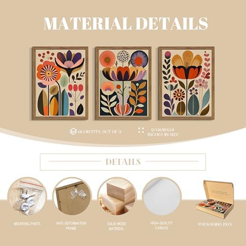 Framed Colorful Floral Wall Art Set of 3, Abstract Scandinavian Flower Canvas Wall Decor Paintings, Mid Century Modern Botanical Artwork Pictures Prints for Living Room Bedroom Dining Room 16x24 Inch - Image 4