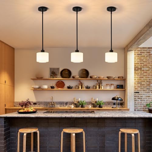 Milk Glass Pendant Lights Kitchen Island, 1-Light Modern Black Hanging Light Fixtures with Rods, Mini Kitchen Pendant Lighting Over Island for Sink Bathroom, OS-YQ8153-1PBK - Image 5