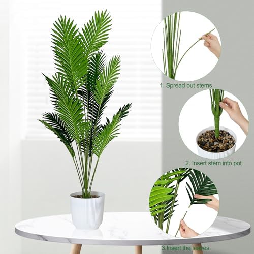 SAJANDAS Set of 2 Artificial Areca Palm Plants in Pots, 50 Inch Fake Tropical Palm Trees with Greenery Leaves and Stems, Faux Dypsis Lutescens Floor Plants for Garden, Store, Office, Home Decoration - Image 4
