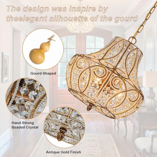 4-Light Antique Gold Gourd Beaded Chandelier, 13" Vintage Crystal Pendant Lighting Fixture for Dining Room, Living Room, Kitchen Island, Bedroom - Image 4