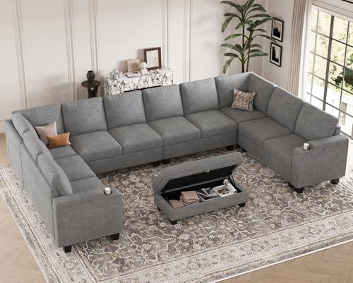 Belffin Oversized U Shaped Modular Sectional Couches for Living Room 10 Seater Modular Sofa Set with Storage Ottoman Large Sectional Couch with Cup Holder. Light Grey Sofa - Image 3