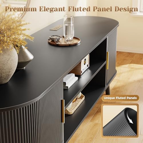 PRAISUN 63 Inch Fluted TV Stand for TVs up to 55, 65 Inch, TV Media Console with Power Outlets and USB-C Port, Entertainment Center with Storage, Curved Sliding Doors, Adjustable Shelf, Black - Image 7