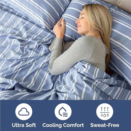 Split King Size 5 Piece Sheet Set - Breathable & Cooling - Blue Stripes - Image 4