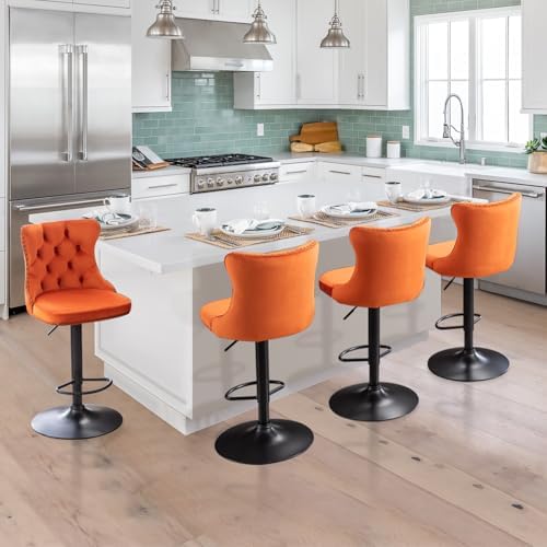 SoarFlash Velvet Bar Stool Set of 4, Adjustable Swivel Bar Stools with Black Metal Leg, Button Tufted, Footrest, Chrome Nailhead, Counter Height Chair for Kitchen, Bar, Dining Room (Orange) - Image 4
