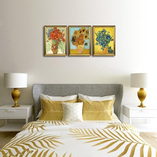 Wieco Art Framed 3 Panels Wall Art of Vincent Van Gogh Paintings Red Poppies and Daisies Sunflower Irises in Vase Canvas Prints for Wall and Home Decorations Bronze Gold Frame - Image 3