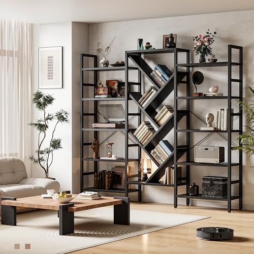INNOD 70x70” Triple 5 Tier Book Shelf, Large Wooden Bookcase with 17 Open Display Shelf, Modern Tree Bookshelf Metal Frame Tall Book Case Furniture for Living Room Bedroom Home Office Black - Image 3