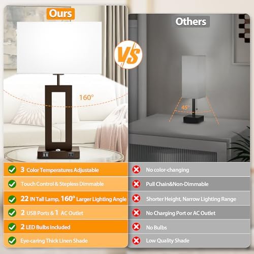3 Color Temperatures Brown Table Lamps for Bedrooms Set of 2, 22’’ Touch Control Bedside Nightstand Lamps with 2 USB Ports & AC Outlet, Modern Lamp Sets for Living Room, Stepless Dimming, White Shade - Image 4