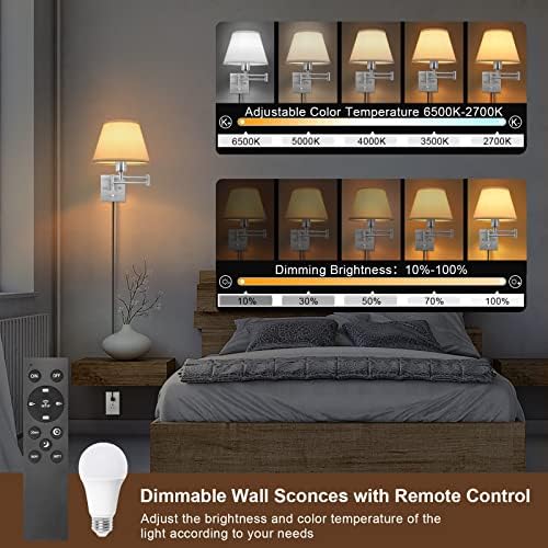 TRLIFE Wall Sconces Plug in, Remote Control Dimmable Wall Sconce and Adjustable Color Temperature 2700K-6500K, Swing Arm Wall Lights with Plug in Cord, 9.4" Medium White Fabric Shade(2 Pack, 2 Bulbs) - Image 3