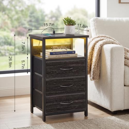 Fixwal Night Stand with 3 Fabric Drawers, Nightstand with Charging Station - Image 3