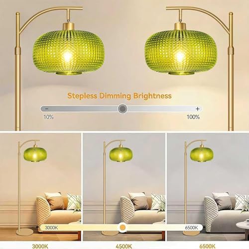 Glass Floor Lamp for Living Room, Modern Standing Lamp for Bedroom, Dimmable Tall Lamp with Shade, Remote,12W LED Bulb Included (Gold+Green) - Image 5