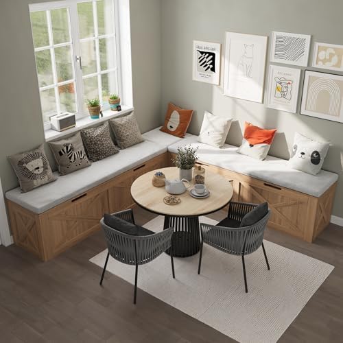 Bobve L-Shape Storage Bench with Cushion, Backless Corner Dining Bench, Kitchen Dining Nook Bench with Hidden Storage for Dining Room, Kitchen, Entryway (Wood+White) - Image 3