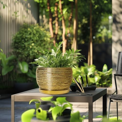 SQOWL Ceramic Planter for Indoor Plants - 10 Inch Plant Pot with Drainage Hole and Saucer, Modern Round Planter Outdoor, Large Decorative Flower Pot, Apartment Decor, Birthday Gifts, Gold - Image 5