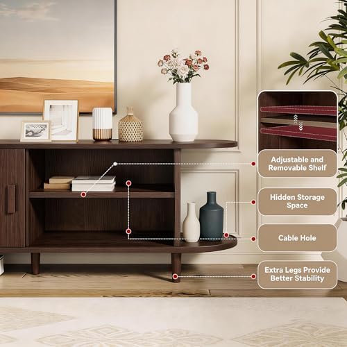 70" Mid Century Modern TV Stand with Power Outlet, Fluted Entertainment Center with Storage and Adjustable Shelves, Wood TV Console with Sliding Doors for Living Room, Walnut - Image 6