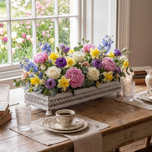 AceOrbit Large Long Wooden Dough Bowl, Spring Decorative Wooden Tables Centerpiece Tray, Riser Rustic Dough Bowl, Farmhouse Centerpiece Tray for Table Living Room Dining Gift (24",White) by Unknown