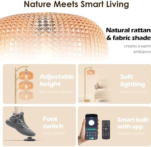 Glass Floor Lamp for Living Room, Modern Standing Lamp for Bedroom, Dimmable Tall Lamp with Shade, Remote,12W LED Bulb Included (Gold+Amber) - Image 2