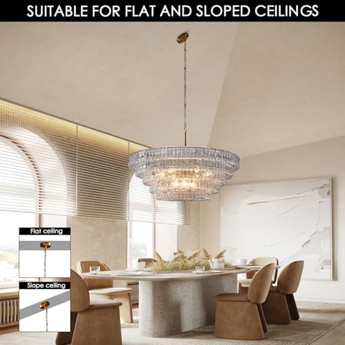 YIOSI Clear Glass 47 inch Round Chandelier for Dining Room, Modern Drum Pendant Light Fixture with Crystal Glass, Gold Large Ceiling Light Perfect for Living Room, Bedroom - Image 4