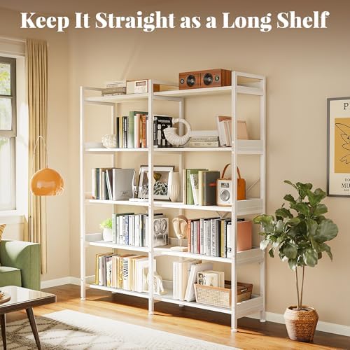 Huuger 5 Tier Bookshelf, Display Bookshelf with 10 Open Shelves and Raised Baffle, 47.2 Inch Straight Wide Bookcase with Metal Frame and Wooden Board, Adjustable Feet, White - Image 4