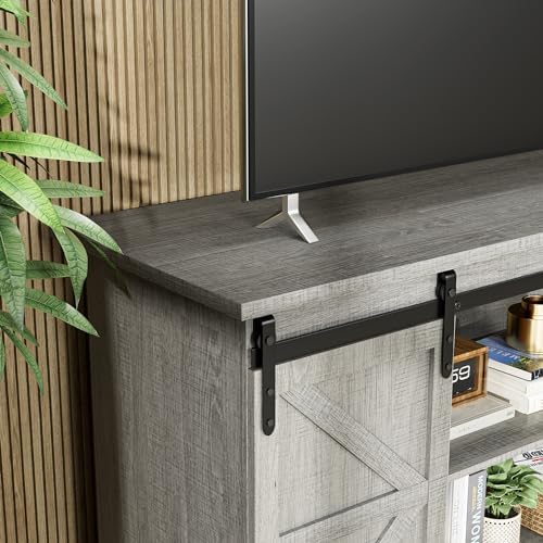 JUMMICO TV Stand for 65 Inch TV, Sliding Barn Doors, Pale Gray - Image 2