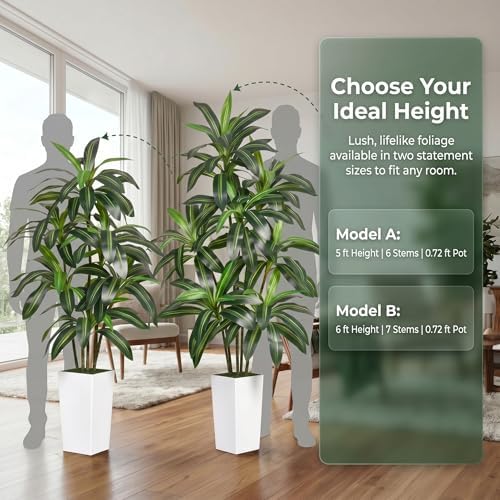 6FT Artificial Dracaena Tree with 15.7-inch White Planter, Fake Tree with Lifelike Leaves Indoor for Home Decor Office Living Room - Image 5