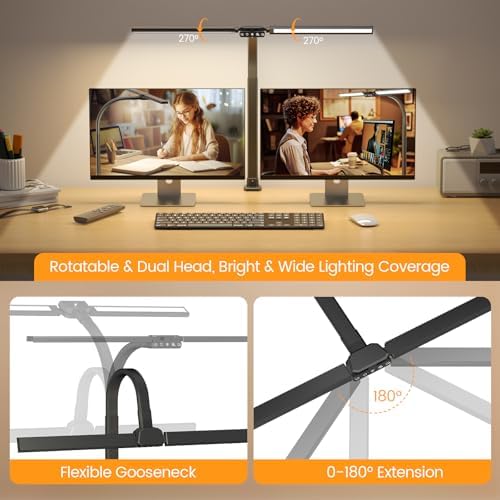 SIBRILLE Upgraded LED Desk Lamp for Home Office with RGB, Rotatable Computer Desk Light with Remote, Tall Table Lamp with Clamp for Working, Dimmable Dual Head Task Lighting for Monitor PC, 22W - Image 2