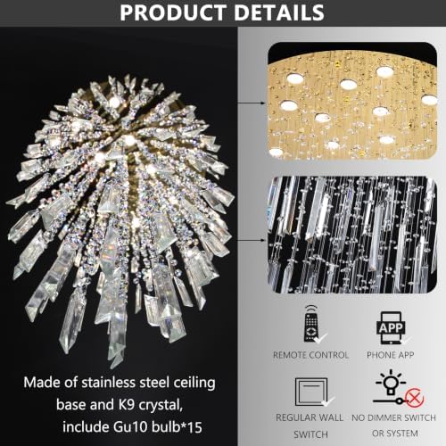 D40'' x H120'' Crystal Chandelier High Ceiling Chandeliers for Entryway Large Raindrop Chandeliers LED Dimmable Flush Mount Light Fixtures for Staircaes Foyer Hallway Living Room Bulbs Included Gold - Image 2
