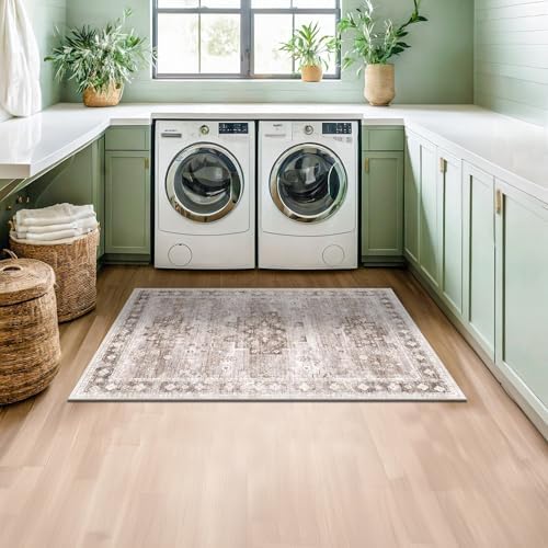 Washable Neutral Farmhouse Large Entryway Rug, 3x5 Area Rugs for Kitchen, Bedroom, Laundry Room, Nursery Room, Boho Vintage Floral Non-Slip Throw Rug Low Pile Stain Resistant (3x5 Beige/Latte) - Image 3