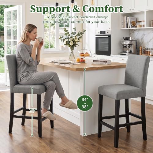 LSSPAID Bar Stools Set of 2, 25 Inch Upholstered Fabric Counter Height Stools, Modern Kitchen Island Wood Bar Chairs Barstools with Backrest and Solid Wood Legs, Grey - Image 3