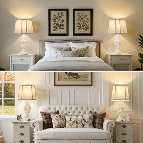 EJIAXIN Lamps for Night Stands Set of 2-23.5" Boho Bedside Lamp with USB A+C and Nightlight - Cream Rustic Carved Resin Farmhouse Table Lamp for Bedrooms, End Tables, Living Room, Bulbs Included - Image 2