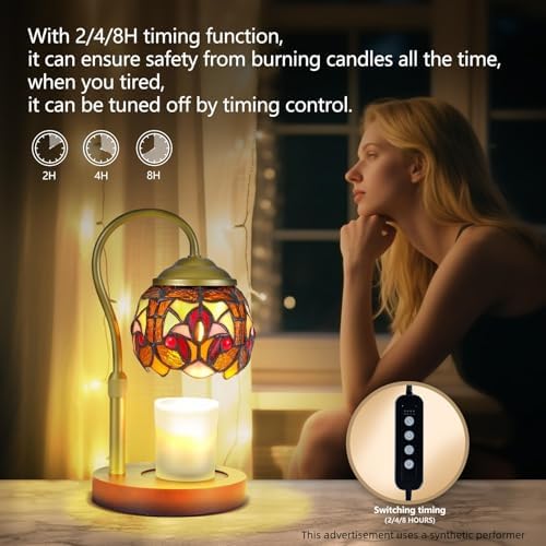 Vintage Candle Warmer Lamp, Baroque Tiffany Glass with 2 Bulbs - Image 4