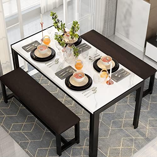 Dining Room Table Set with 2 Benches, Dining Table Set for 4-6, Dinner Table Set for 4, Faux Marble Breakfast Table Set & PU Leather Upholstered Benches for Small Spaces, Apartment, White - Image 2