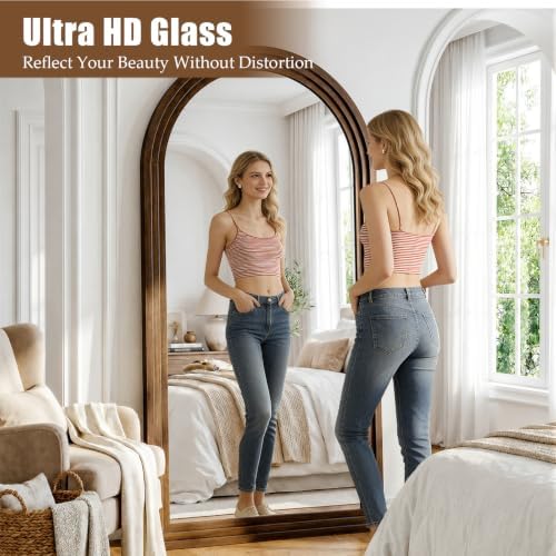35"x78" Full Length Mirror Solid Wood Frame, Arched Floor Mirror Full Length with Stand, Room Decor Big Full Body Mirror with HD Tempered Glass for Bedroom, Living Room, Walnut Wood - Image 4