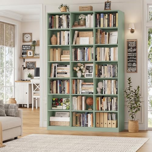 HOSTACK 86" H Triple Wide Bookshelf and Bookcase, 7 Tier Tall Bookshelf with Storage, Large Bookcase with 21 Open Display Storage Shelves, Wood Book Shelf Media CD DVD Storage for Living Room, Green - Image 2