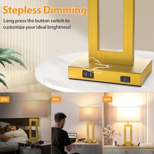 22’’ Touch Control Table Lamps Set of 2, 3 Color Temperatures Bedroom Bedside Lamps, Modern Gold Dimmable Lamps with USB Ports & AC Outlet, Tall Living Room Lamps for Nightstand End Table, 2 Bulbs - Image 3