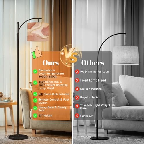 Arc Floor Lamp Pink Marble Rose Gold Dimmable Modern Standing Lamp with Remote Adjustable Drum Shade Footswitch Tall Pole Lamp for Living Room Bedroom - Image 7